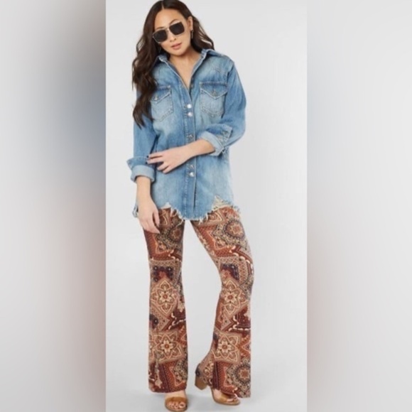 Free People - Moonchild Distressed Denim Long Shirt Jacket XS - Picture 3 of 15